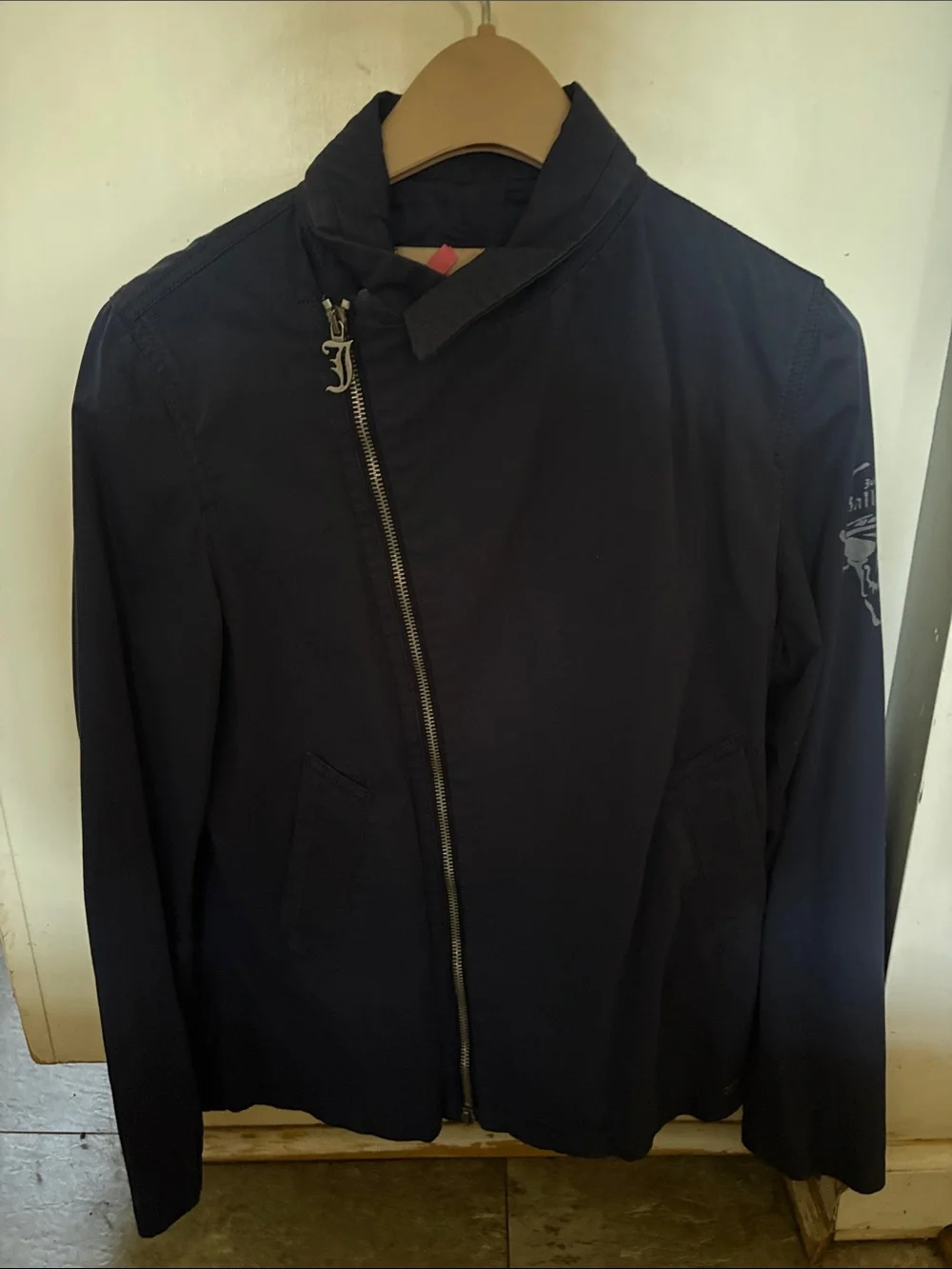 John Galliano Kid Navy asymmetrical zip jacket Pirate scull log size12 Designer